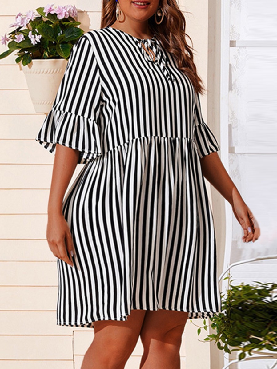

Lovely Plus Size Casual Striped Flared Black Knee Length A Line Dress, Black stripe