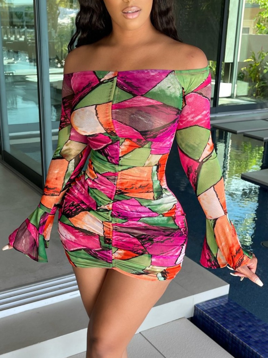 

LW BASICS Sweet Off The Shoulder Flared Color-lump Multicolor Mini Dress, Multi
