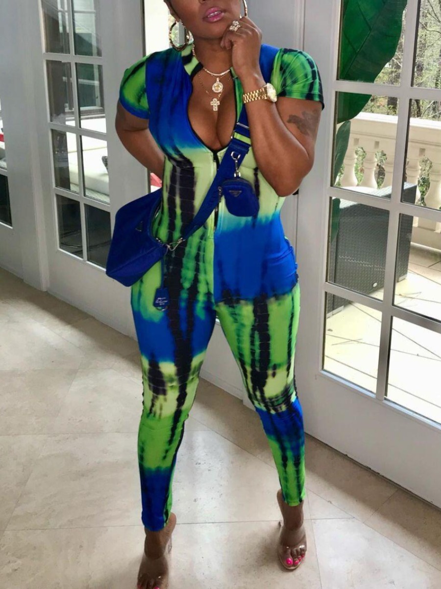 

LW Street Tie-dye Zipper Design Green One-piece Jumpsuit