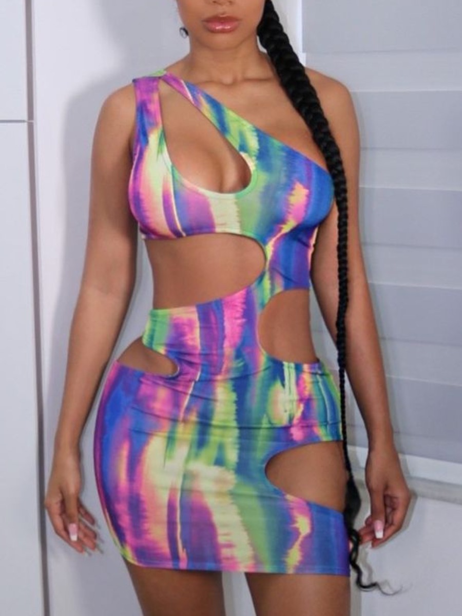 

LW Sexy One Shoulder Tie-dye Hollow-out Multicolor Mini Dress, Multi