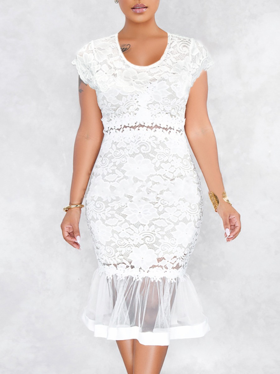 

Lovely Elegant See-through Flounce Design White Knee Length Dress
