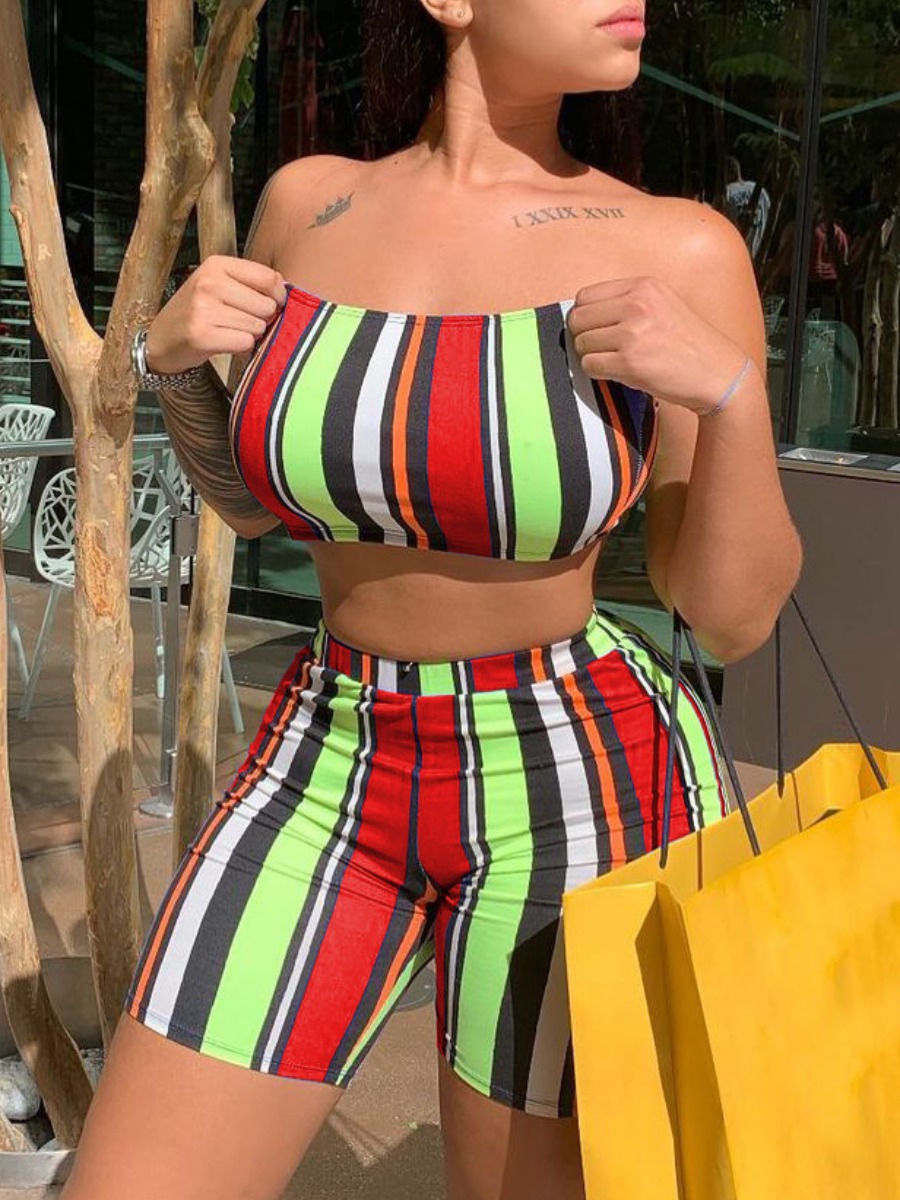 

Lovely Street Off The Shoulder Striped Red Two Piece Shorts Set