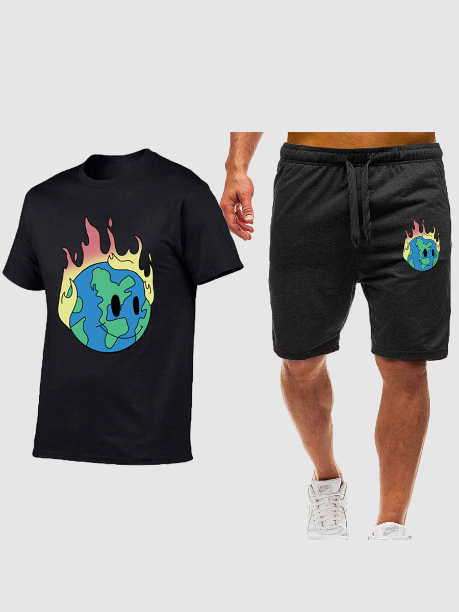 

Lovely Men Casual Flame Print Drawstring Black Two Piece Shorts Set