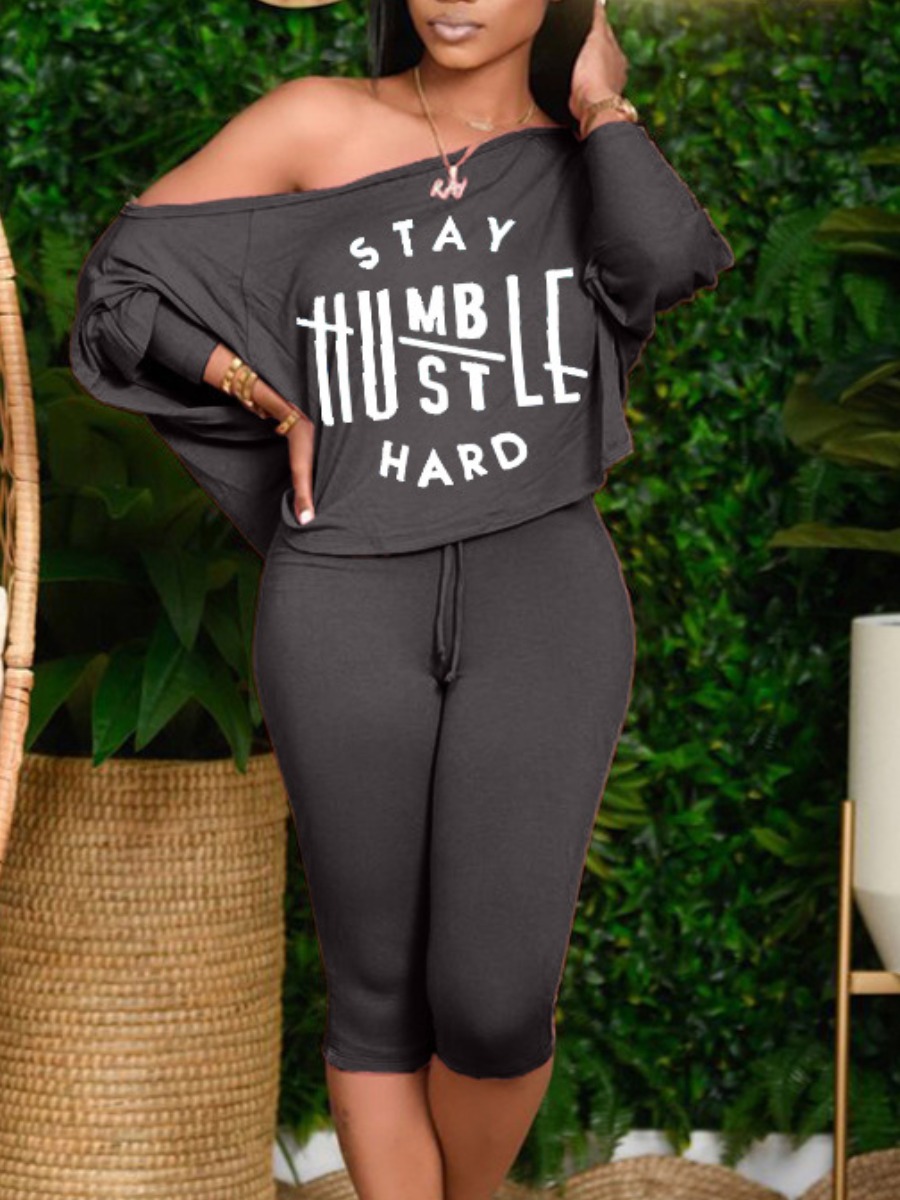 

LW Casual Batwing Sleeve Letter Print Black Two Piece Shorts Set