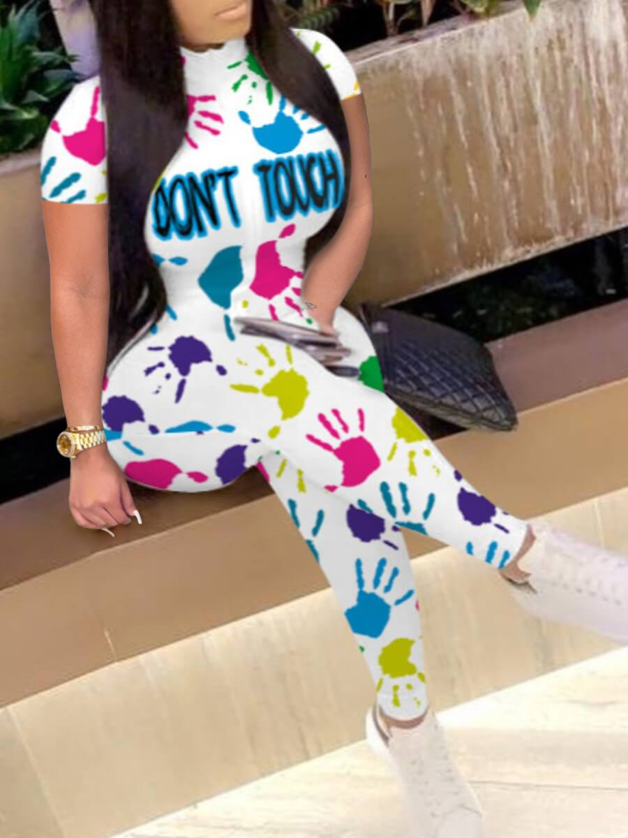 

Lovely Casual Palm Letter Print White One-piece Jumpsuit
