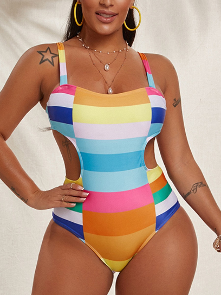 

Lovely Boho Geometric Print Hollow-out Multicolor One-piece Swimsuit, Multi