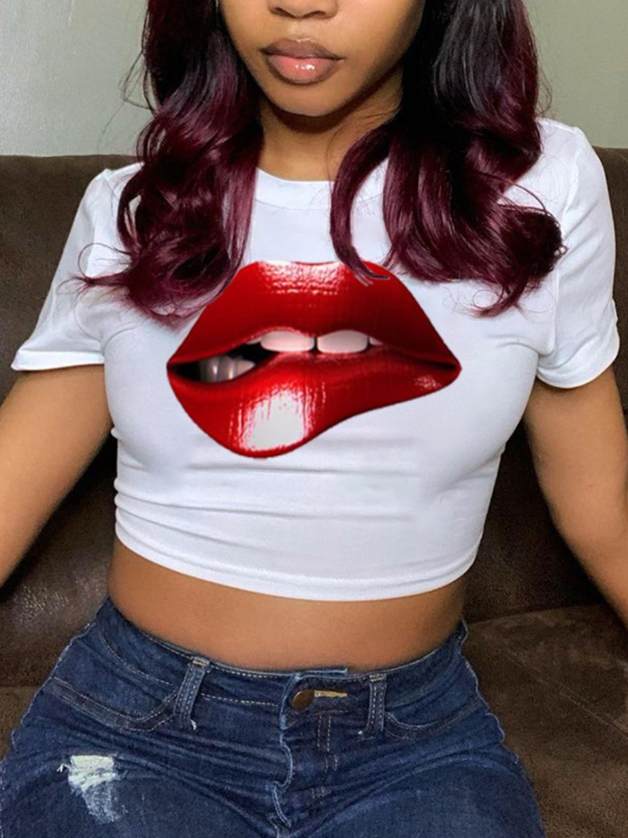 

Lovely Casual O Neck Lip Print White T-shirt