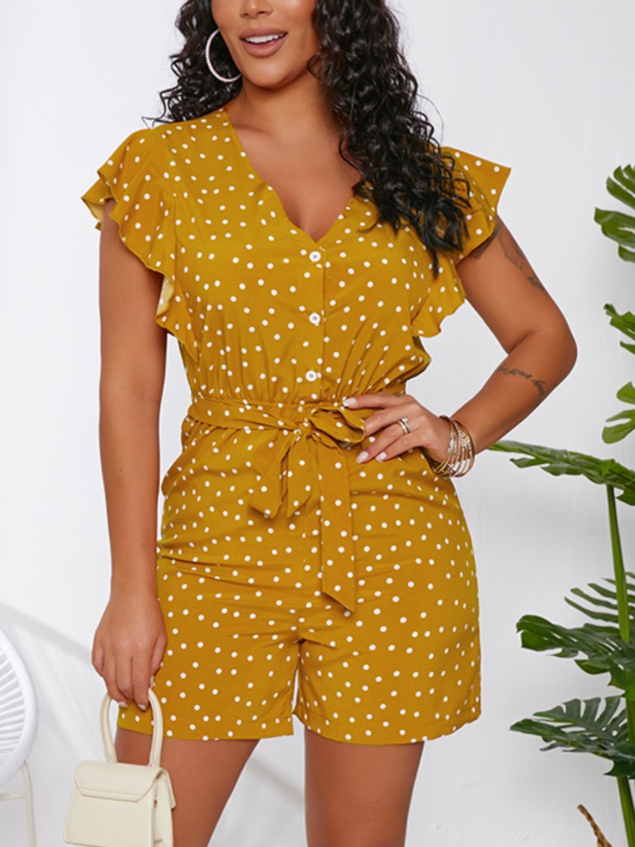 

Lovely Casual Dot Print Bandage Flounce Design Yellow One-piece Romper