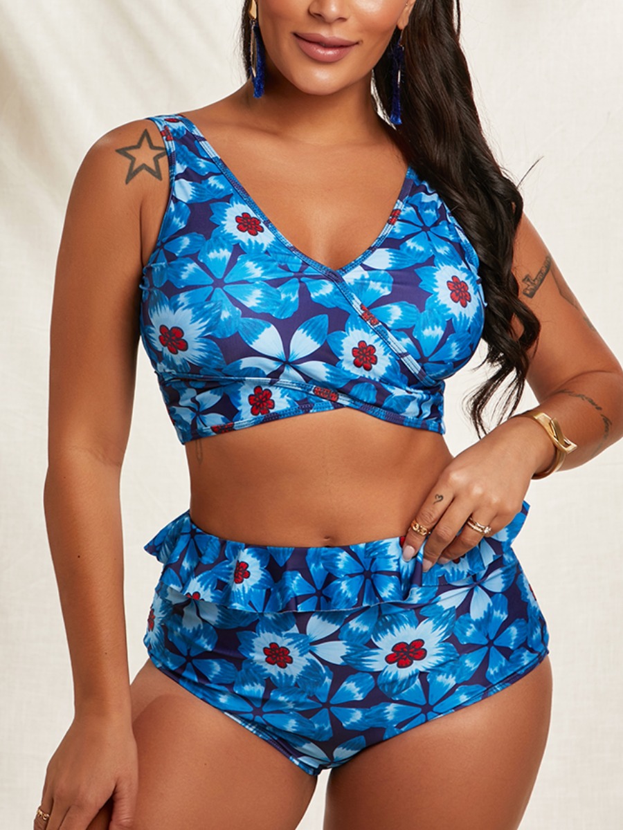 

Lovely Boho Floral Print Flounce Design Blue Two-piece Swimsuit