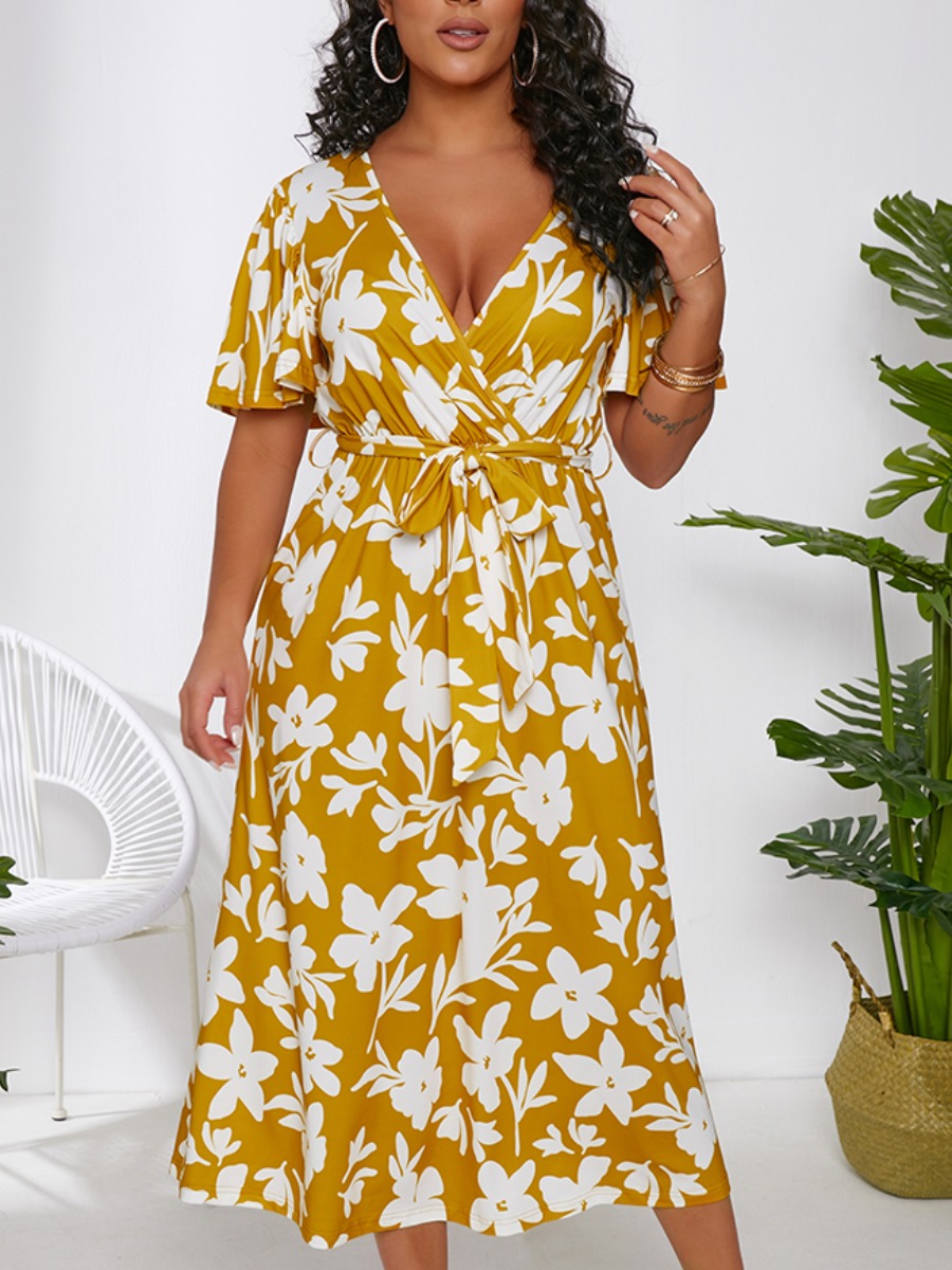 

Lovely Casual Floral Print Bandage Design Yellow Ankle Length Dress