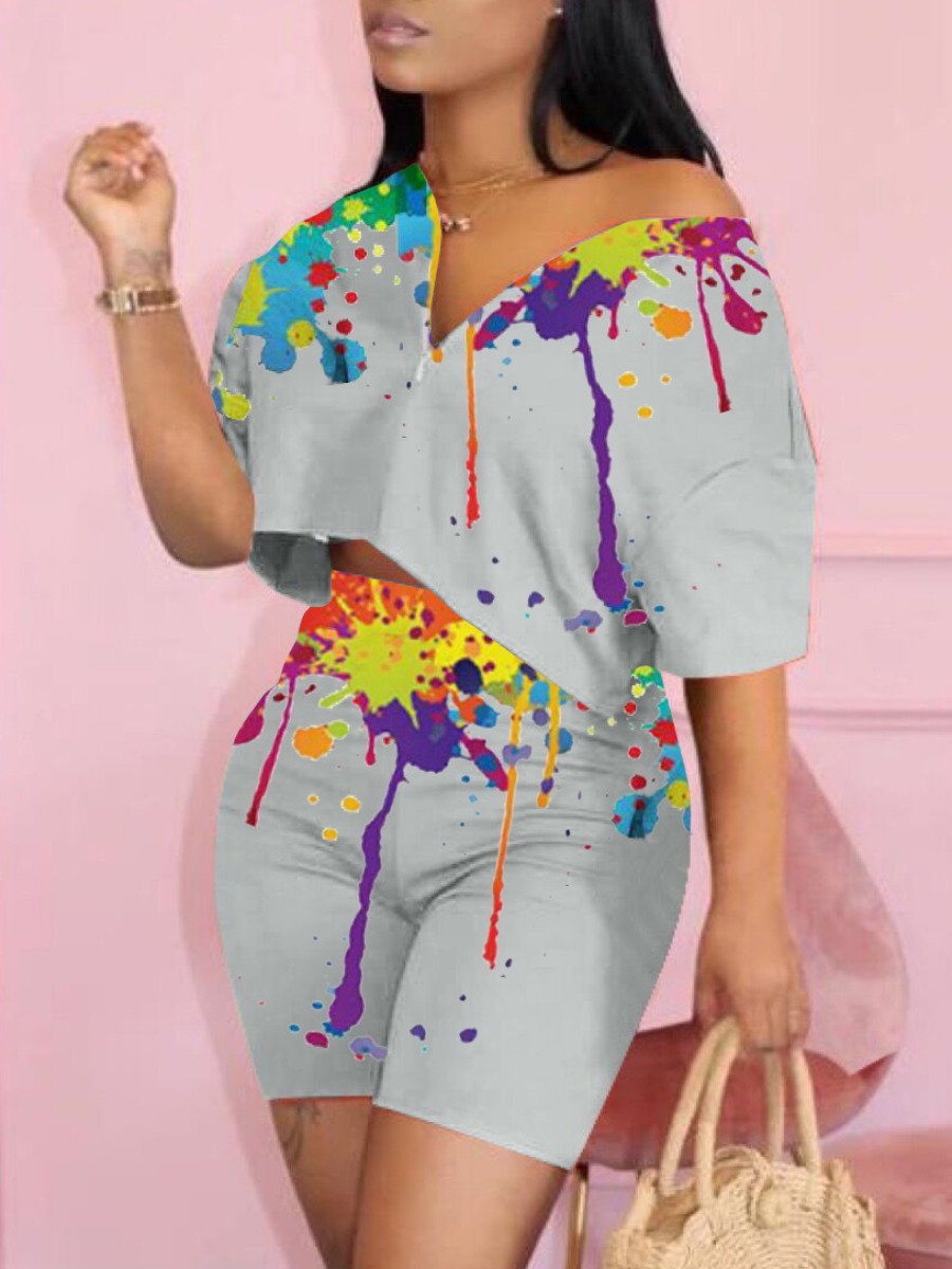 

LW BASICS Street V Neck Splash Ink Print Silver Two Piece Shorts Set