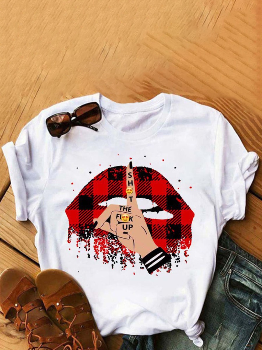 

Lovely Casual Plaid Lip Print White T-shirt