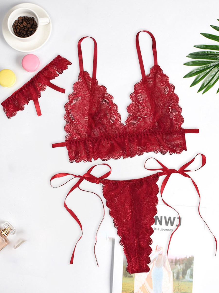 

LW SXY See-through Bandage Design Red Bra Set(Three-piece)