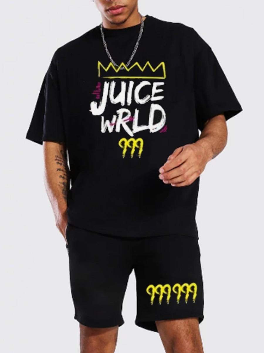 

Lovely Men Casual O Neck Letter Print Black Two Piece Shorts Set