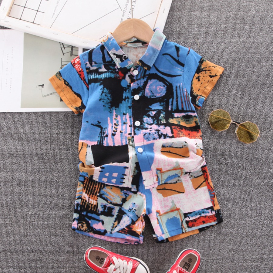 

LW Boy Street Print Patchwork Baby Blue Two Piece Shorts Set