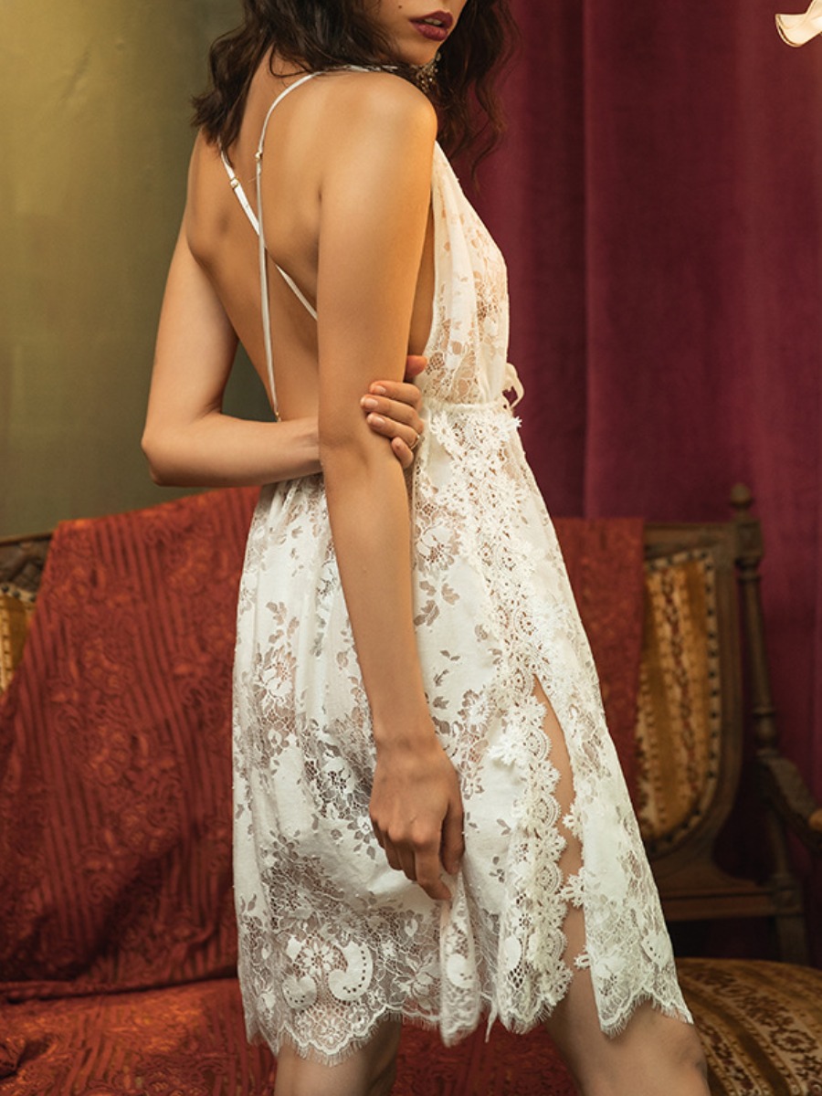 

Lovely Sexy Backless Mesh Split White Babydoll
