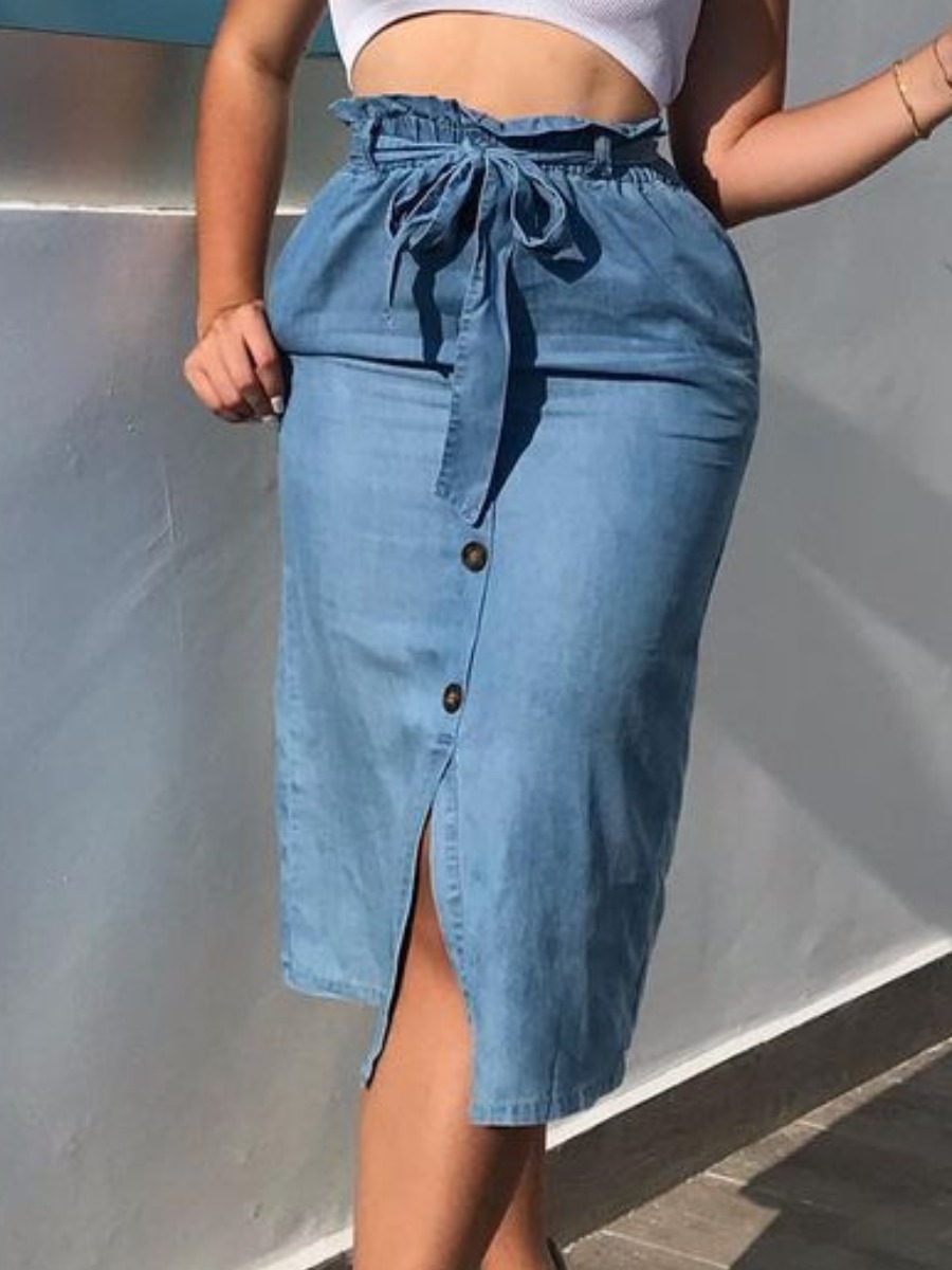 

Lovely Sweet Button Bandage Design Baby Blue Knee Length Denim Skirt