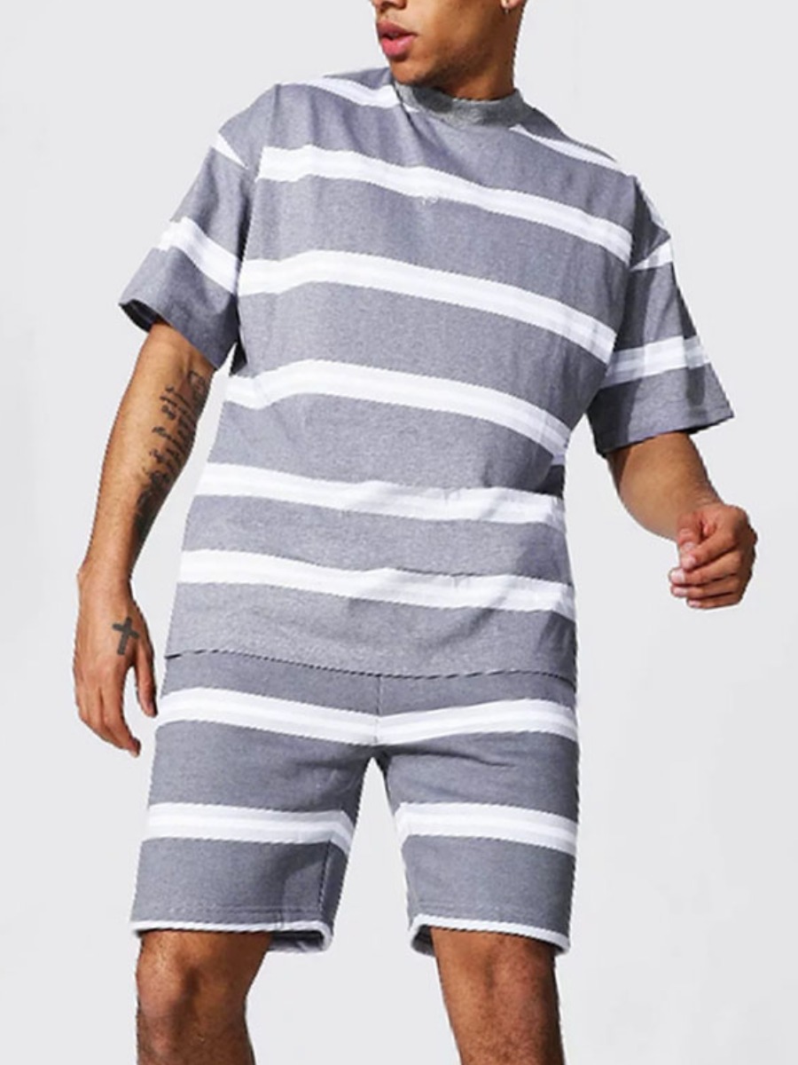 

Lovely Men CasualO Neck Striped Grey Two Piece Shorts Set