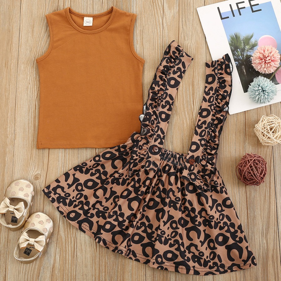 

Lovely Girl Casual Leopard Print Flounce Design Overall Brown Two Piece Skirt Set