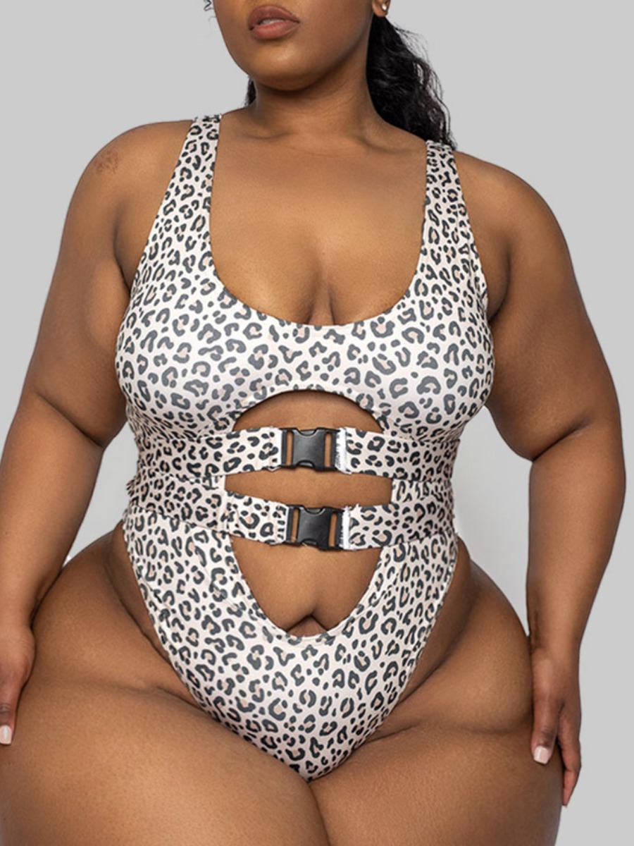 

Lovely Plus Size Boho Leopard Print Buckle Design One-piece Swimsuit