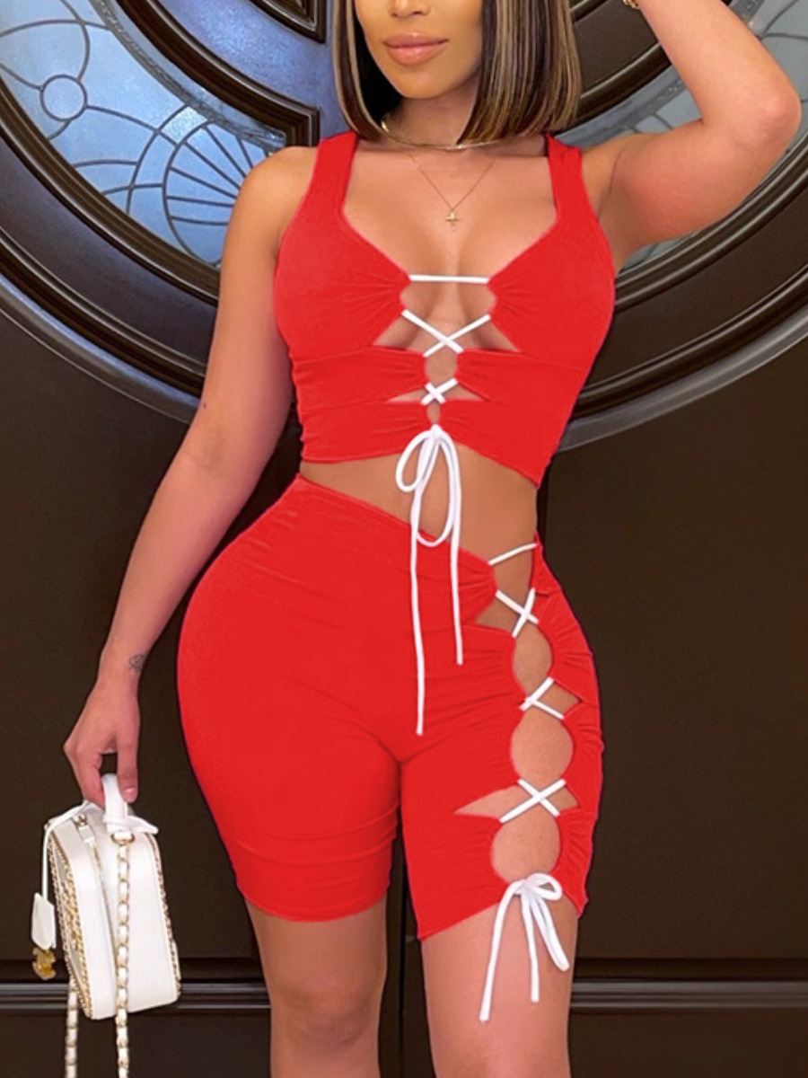 

Lovely Street Bandage Hollow-out Design Red Two Piece Shorts Set