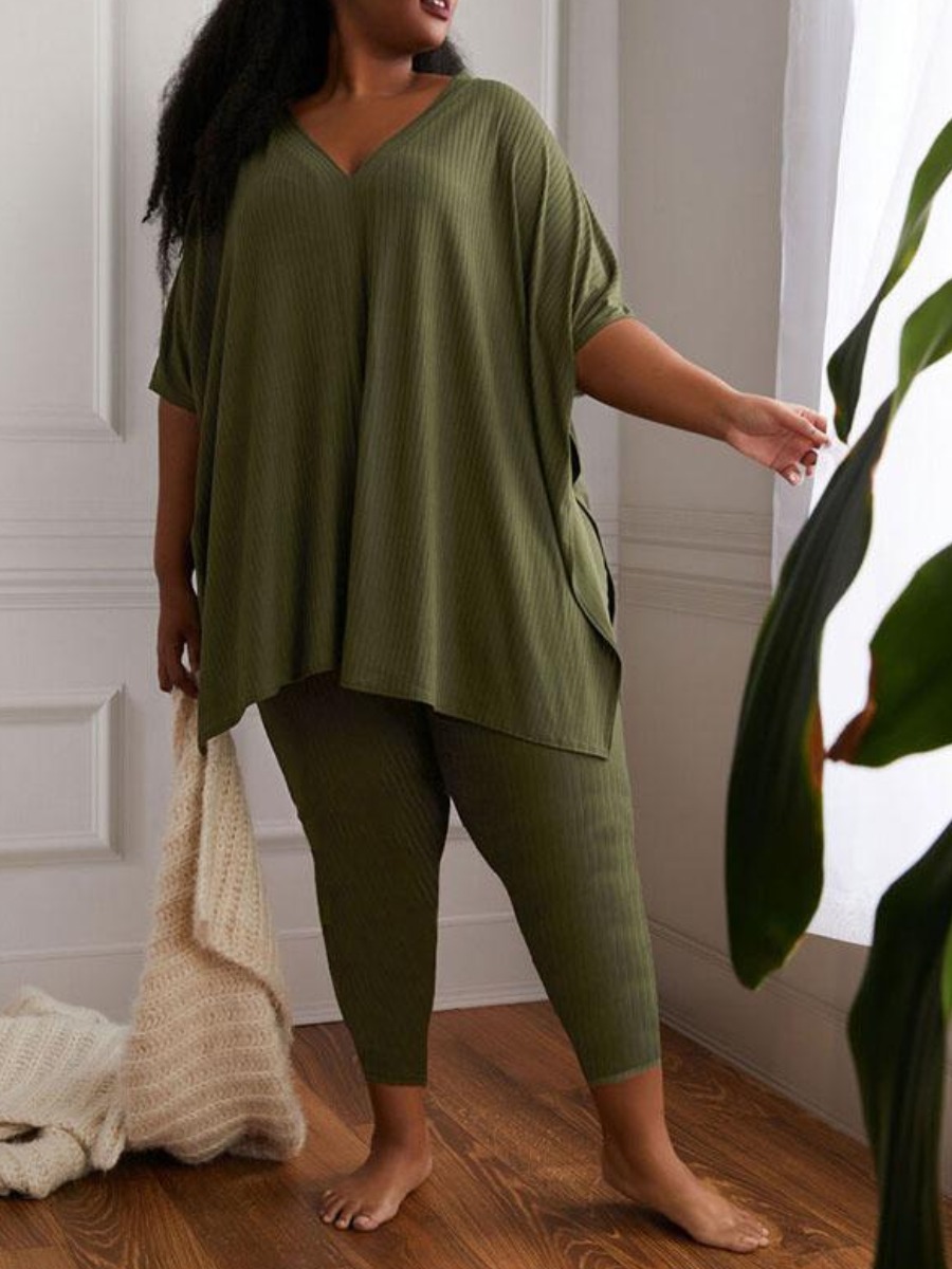 

Lovely Plus Size Casual V Neck Split Green Two-piece Pants Set