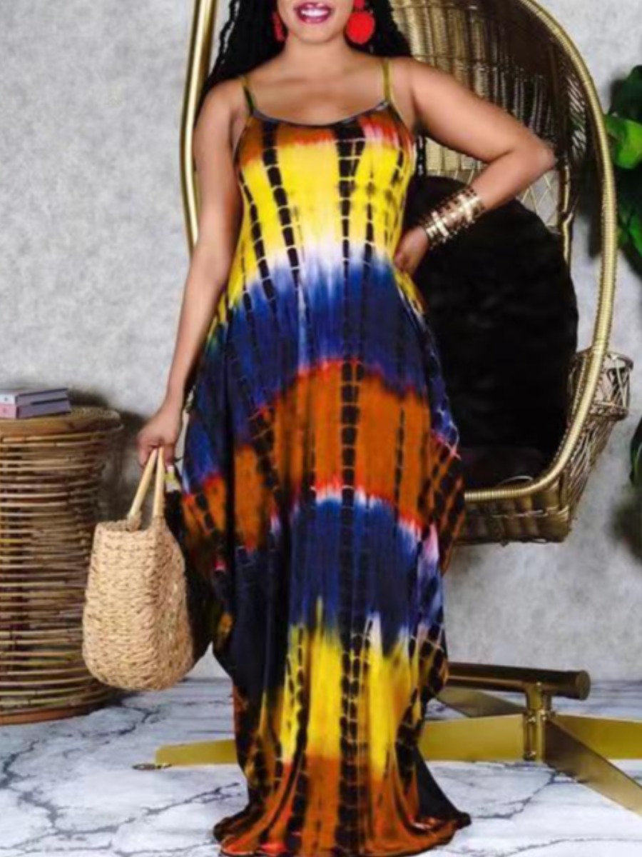 

LW Plus Size Boho Tie-dye Patchwork Yellow Floor Length Dress