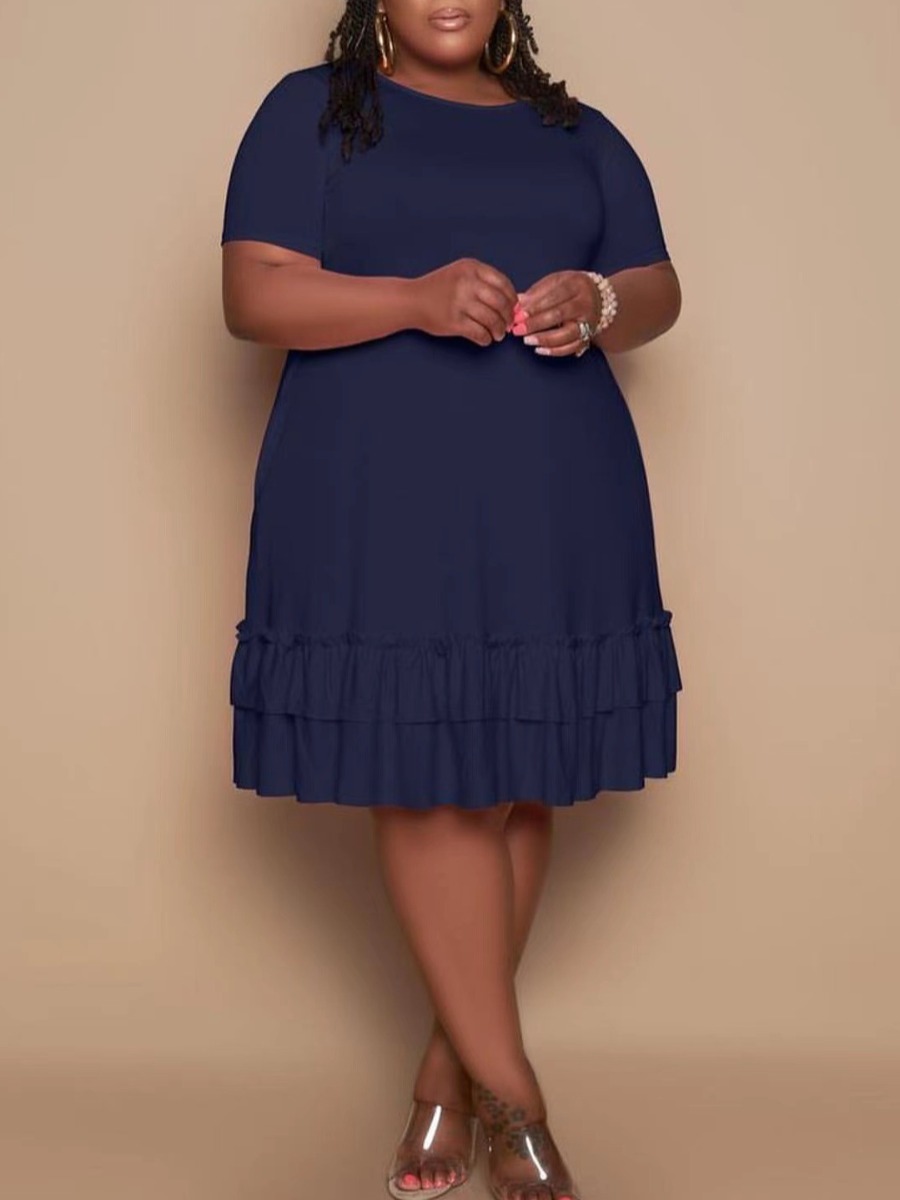 

Lovely Plus Size Casual O Neck Flounce Design Dark Blue Knee Length Dress