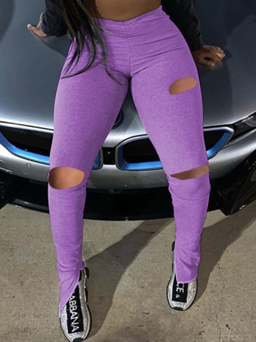 

LW Casual High-waisted Ripped Purple Jeans