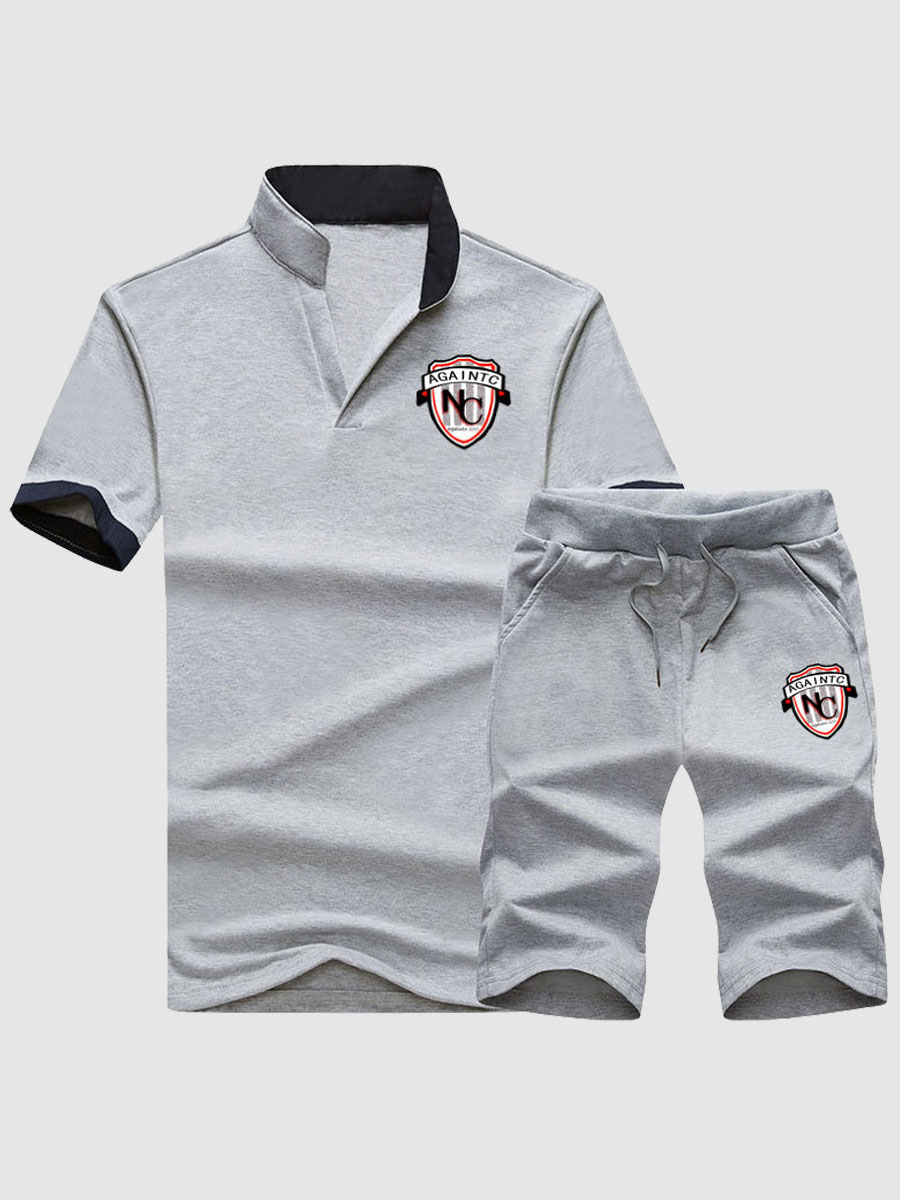 

Lovely Men Street Mandarin Collar Drawstring Grey Two Piece Shorts Set