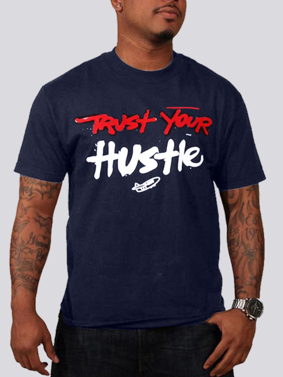 

Lovely Men Casual O Neck Letter Print Navy Blue T-shirt