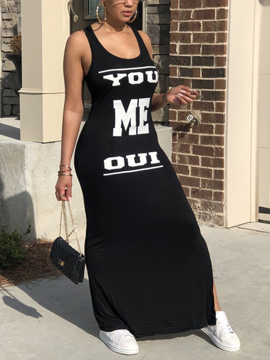 

Lovely Street U Neck Letter Print Split Black Ankle Length Dress