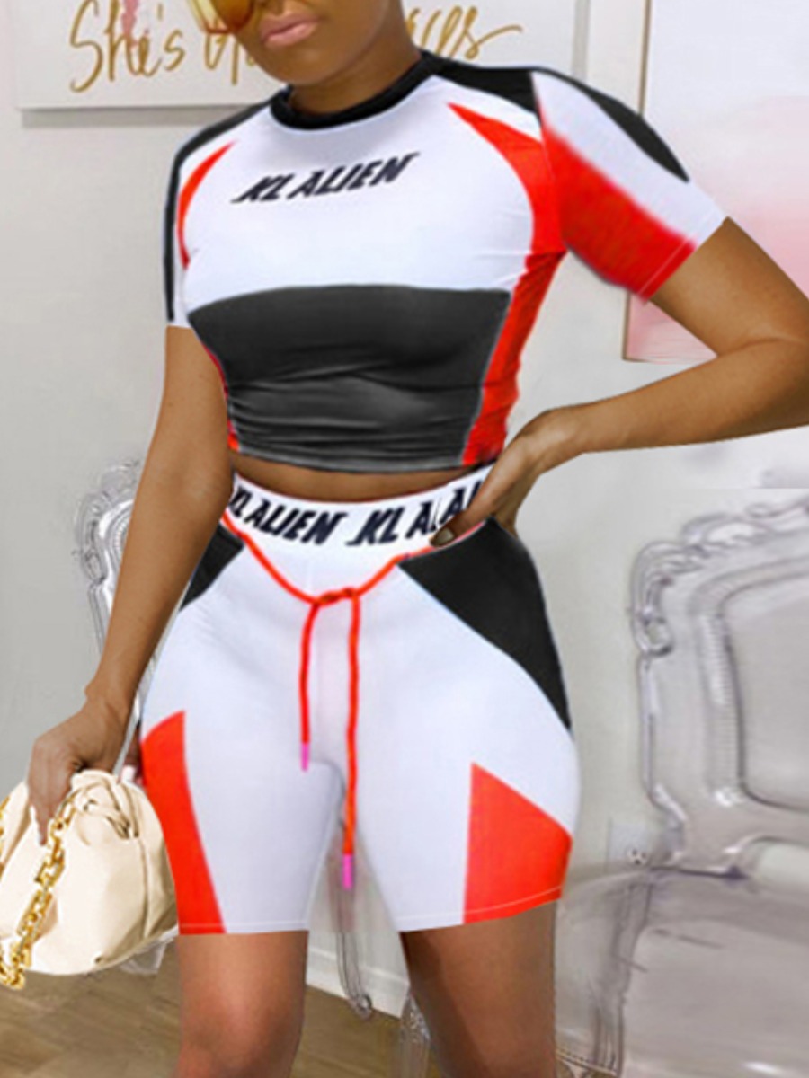 

Lovely Sporty Letter Print Color-lump Black Yoga Two Piece Shorts Set