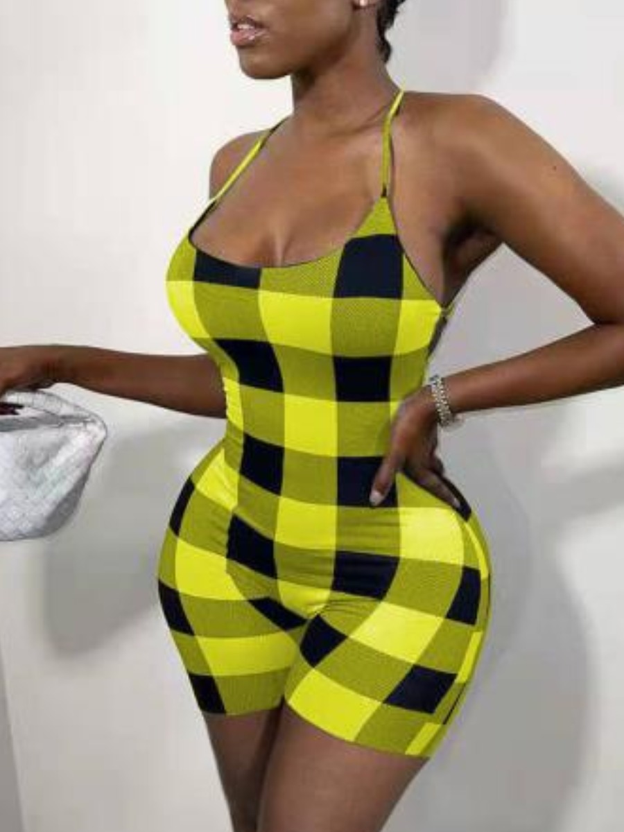 

Lovely Street Backless Plaid Print Yellow One-piece Romper