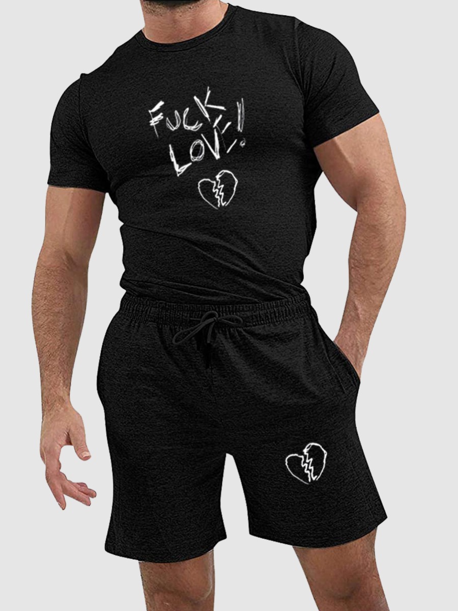 

Lovely Men Casual Letter Print Drawstring Black Two Piece Shorts Set