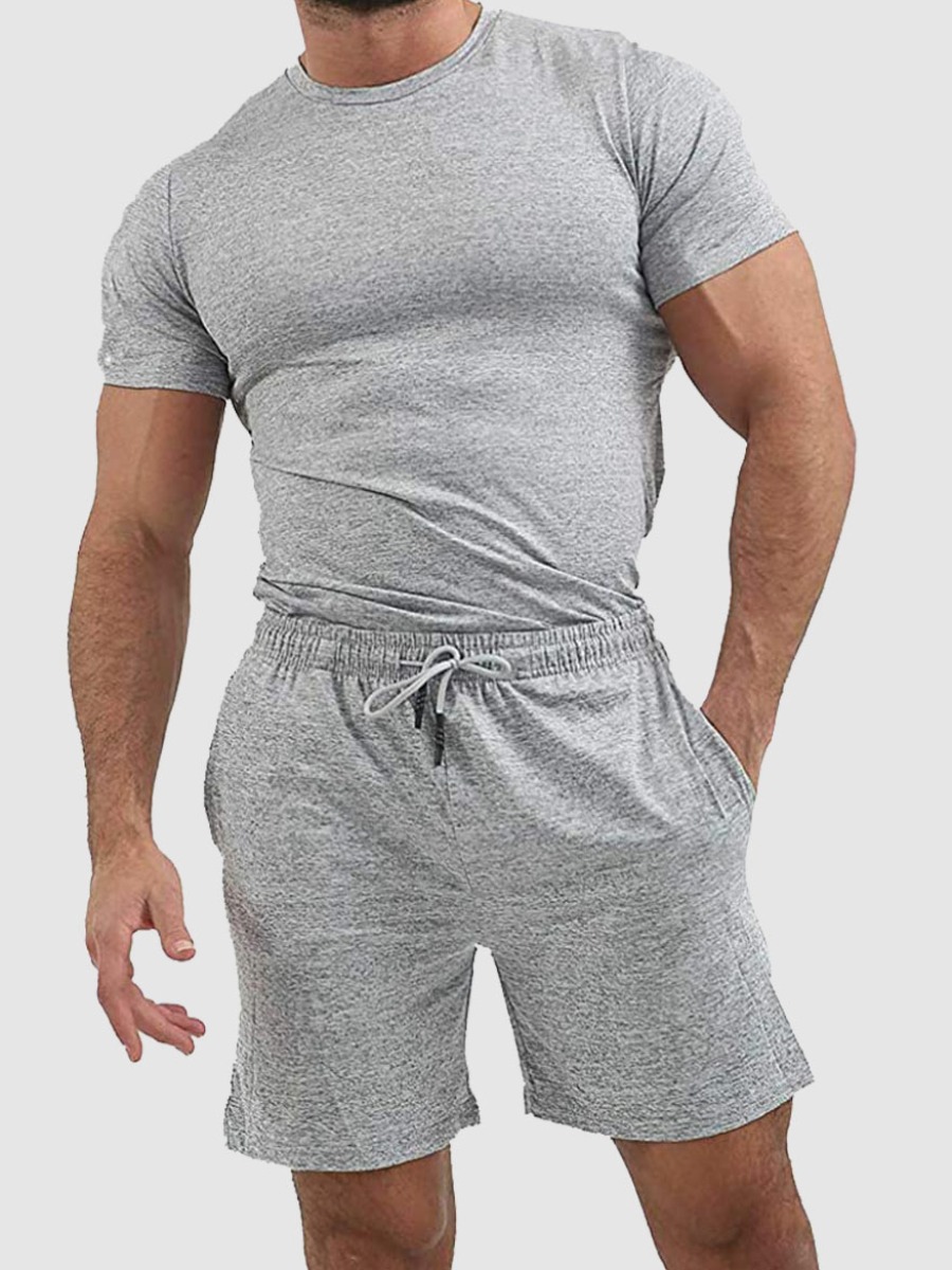 

Lovely Men Sporty O Neck Drawstring Grey Two Piece Shorts Set