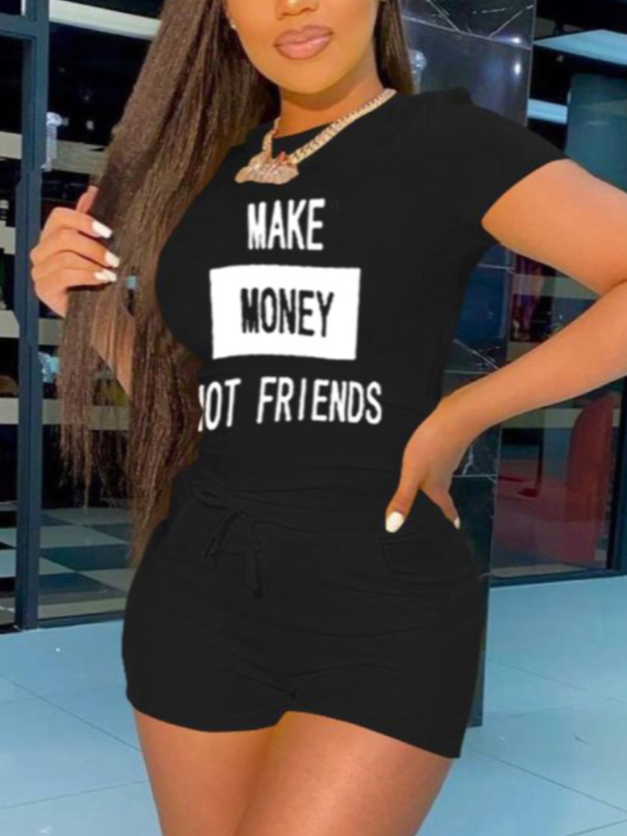 

Lovely Street Letter Print Drawstring Black Two Piece Shorts Set