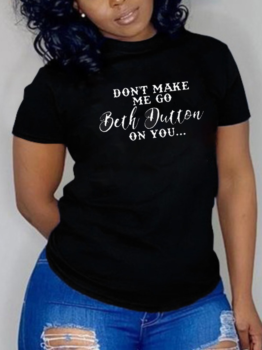 

Lovely Plus Size Casual O Neck Letter Print Black T-shirt