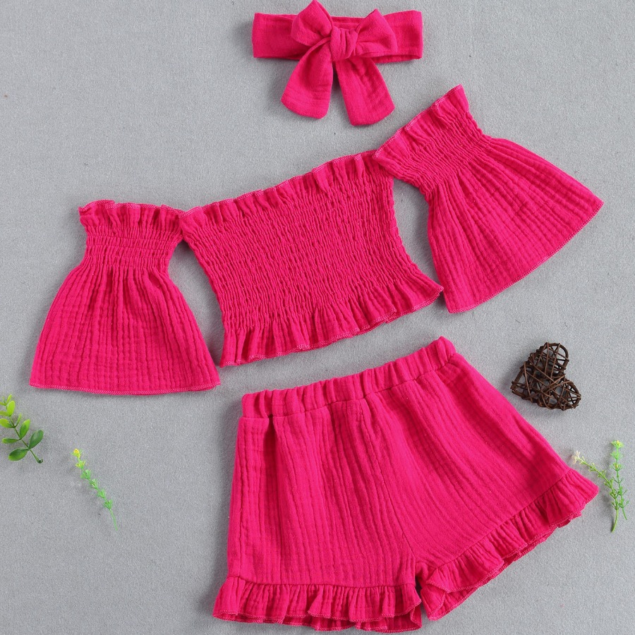 

LW COTTON Girl Street Flared Ruffle Design Rose Red Two Piece Shorts Set(With Headband)