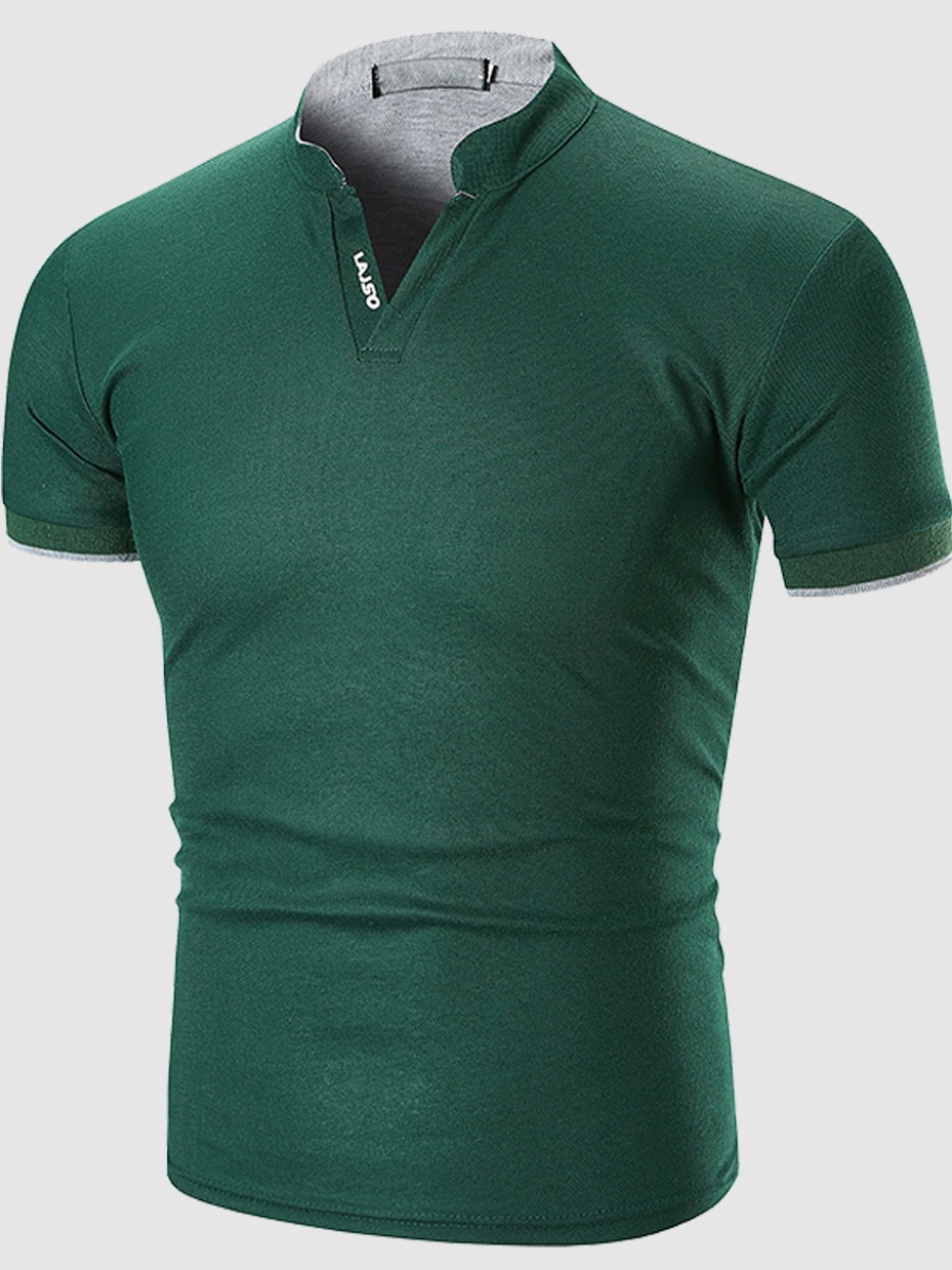 

Lovely Men Casual Mandarin Collar Letter Print Green Polo