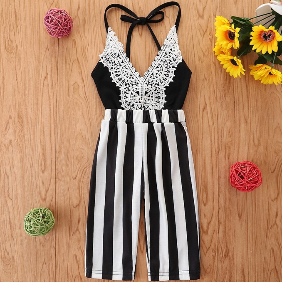 

Lovely Girl Casual Backless Striped Black One-piece Jumpsuit