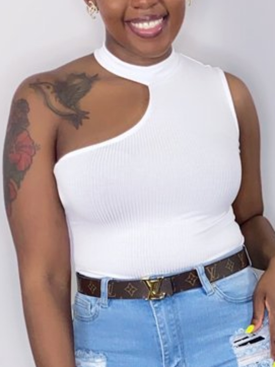 

Lovely Sexy One Shoulder Rib-Knit White Camisole