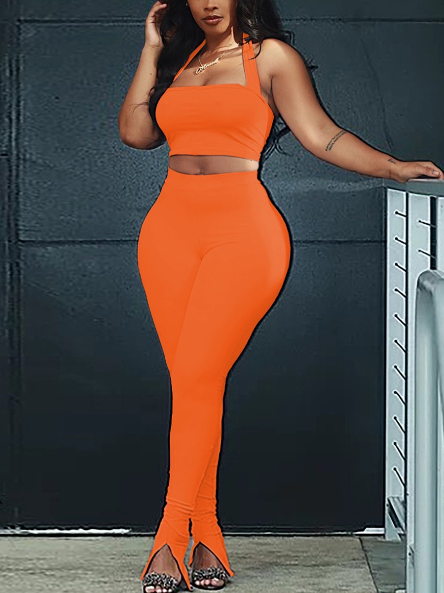 

Lovely Sexy Off The Shoulder High-waisted Orange Two Piece Pants Set