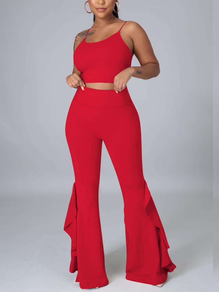 

Lovely Sweet High-waisted Flounce Design Red Two Piece Pants Set