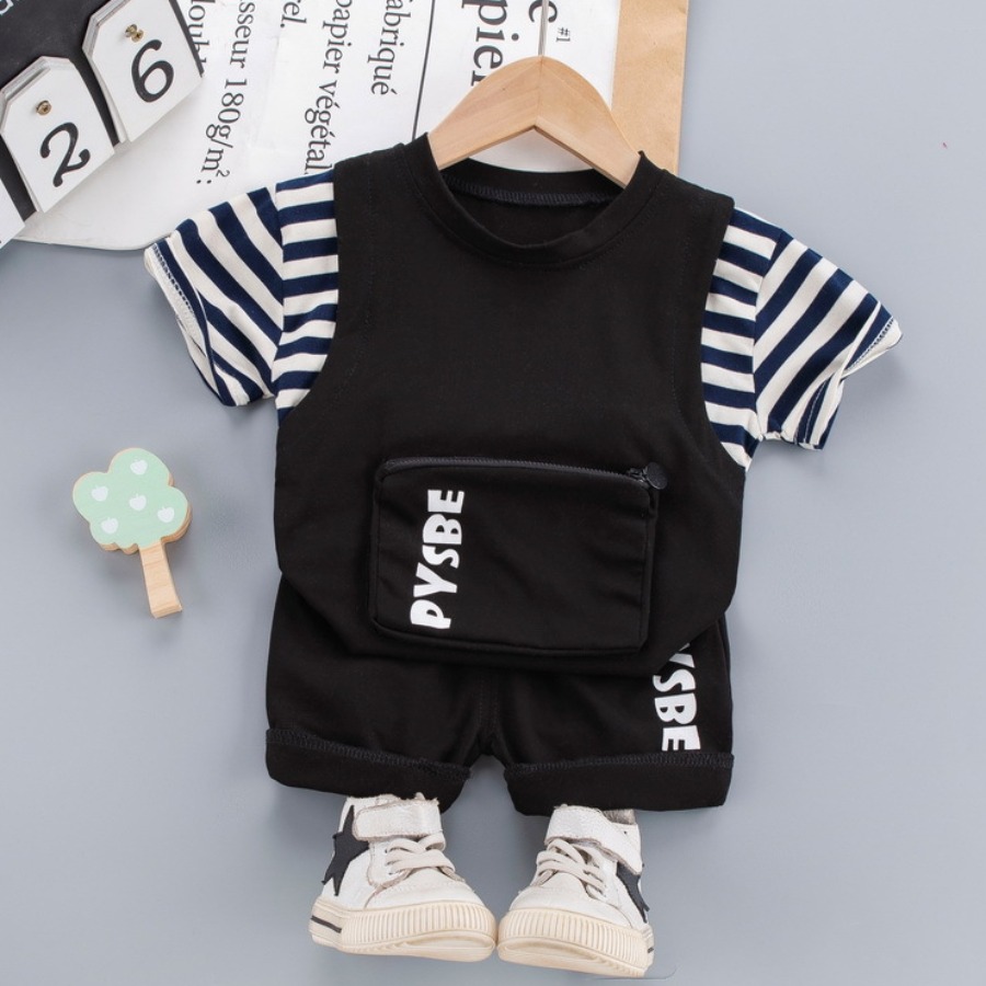 

Lovely Boy Street Letter Print Striped Black Two Piece Shorts Set