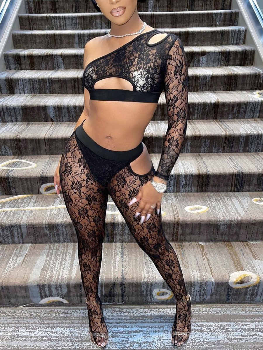 

LW Sexy One Shoulder See-through Hollow-out Black Two Piece Pants Set