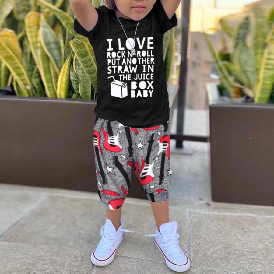 

Lovely Boy Casual Quitar Letter Print Black Two Piece Shorts Set