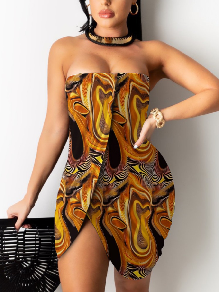 

Lovely Plus Size Sexy Print Off The Shoulder Wrap Yellow Mini Dress