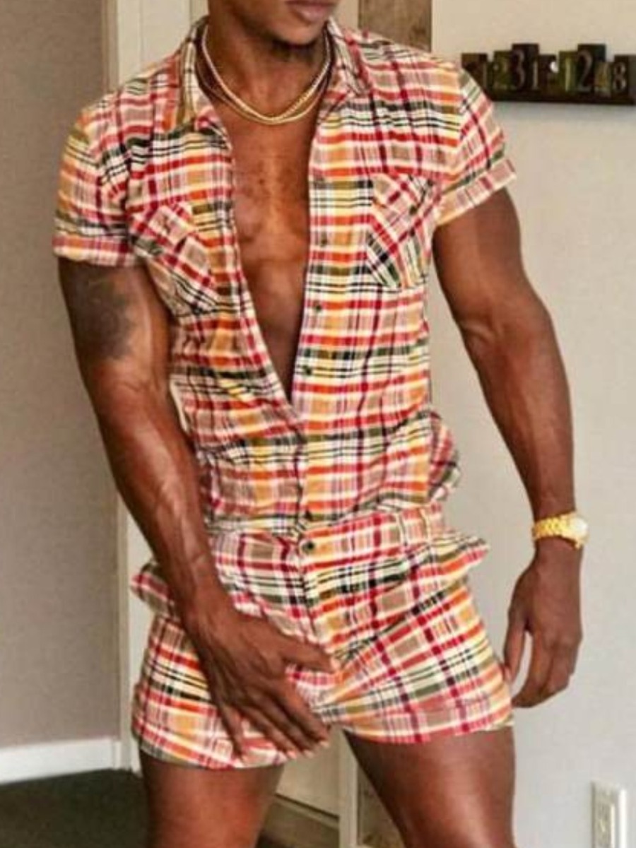 

LW BASICS Men Casual Turndown Collar Plaid Print Red Two Piece Shorts Set