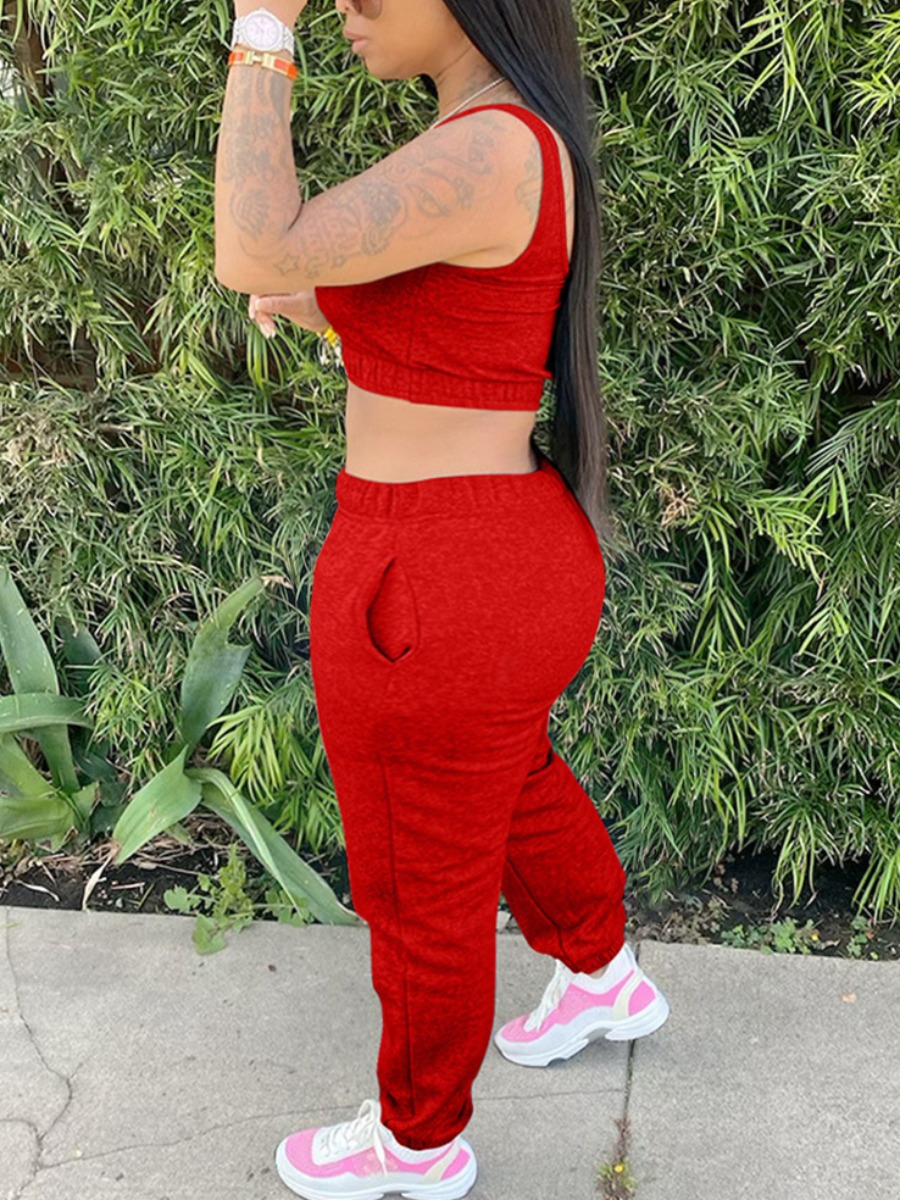 

Lovely Plus Size Sporty U Neck Crop Top Red Two-piece Pants Set